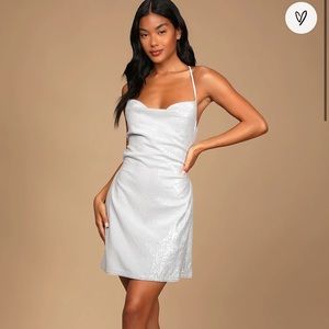 Lulus Light Blue Sequin Cowl Neck Lace-Up Mini Dress